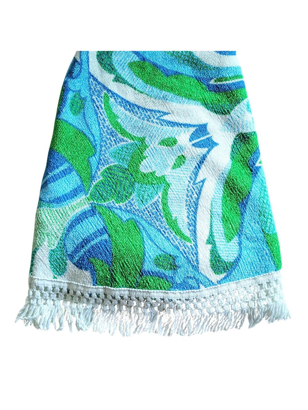 Vintage Round Terry Cloth Tablecloth with Groovy Print and Fringed Edge